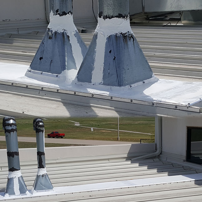 TPO with EPS infill on a trapezoidal standing seam metal roof on an Francis Tuttle facility in Oklahoma City. Used to seal existing penetrations with leak issues.