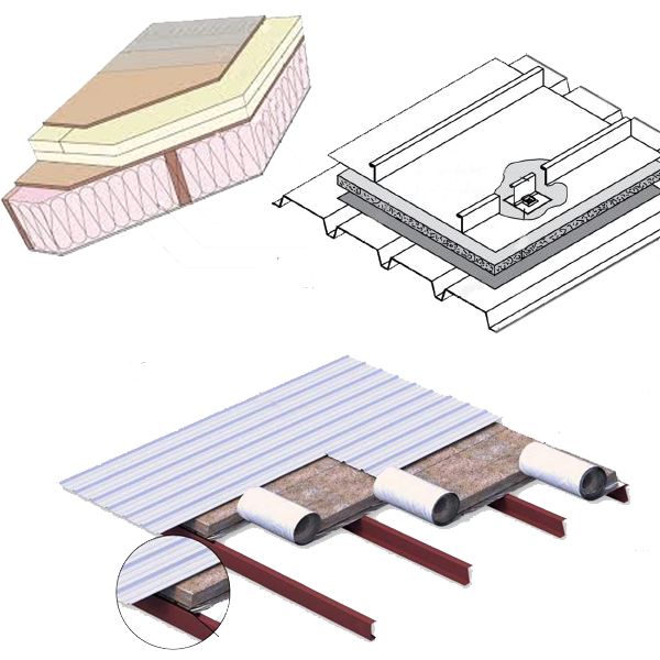 Images of roof insulation layers of solid deck and open framing. Used to draw attention to the importance of insulation and sheathing layers for thermal efficiency and sound proofing.