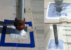 Pipes extending through a metal roof. Leaks repaired with mesh and liquid rubber coating and aluminum UV coating